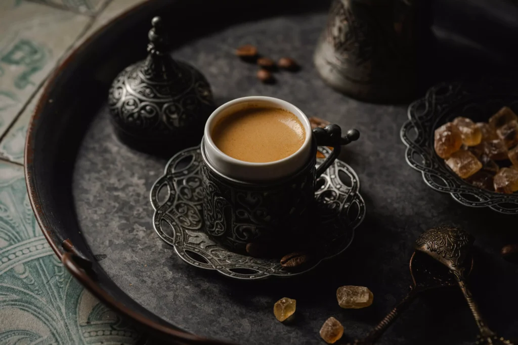 Turkish Coffee in a black Turkish made cup