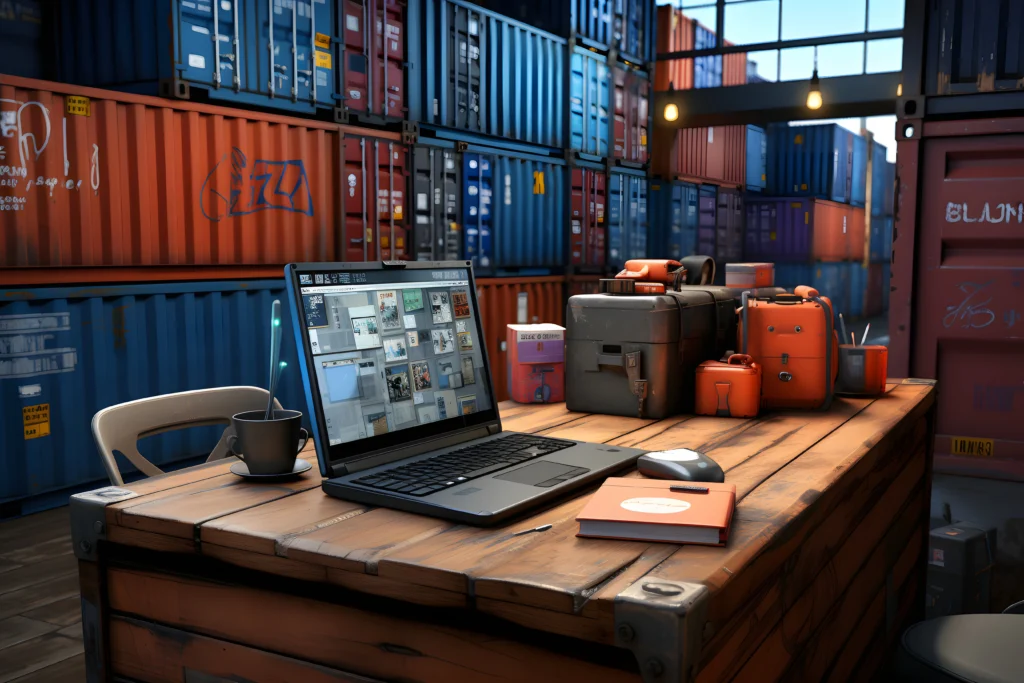 في موضوع الشريك المناسب , جهاز لابتوب على طاولة وسط ميناء شحن