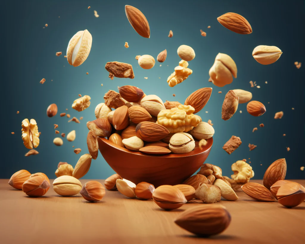 Turkish Nuts Market . Nuts flying from bool