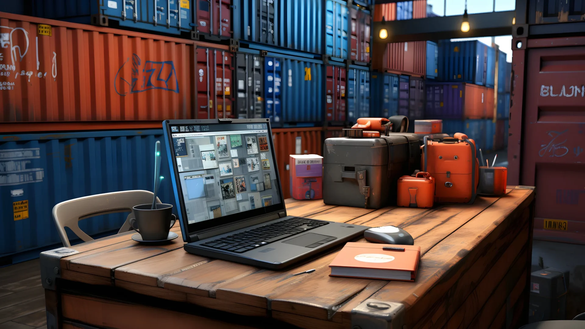 في موضوع الشريك المناسب , جهاز لابتوب على طاولة وسط ميناء شحن