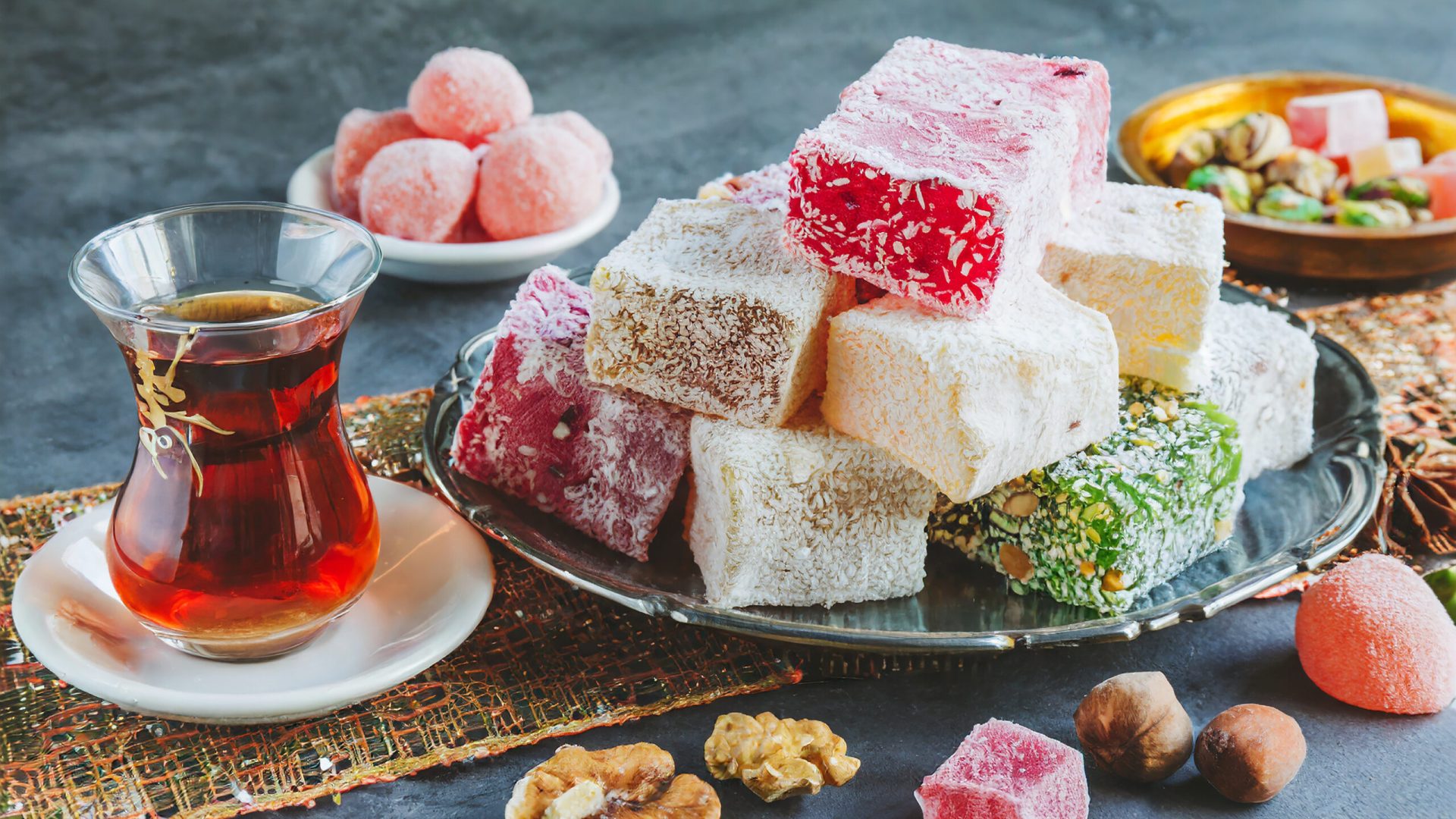 Sweets rahat lokum on table. Assortment of traditional Turkish delight. Tasty dessert.
